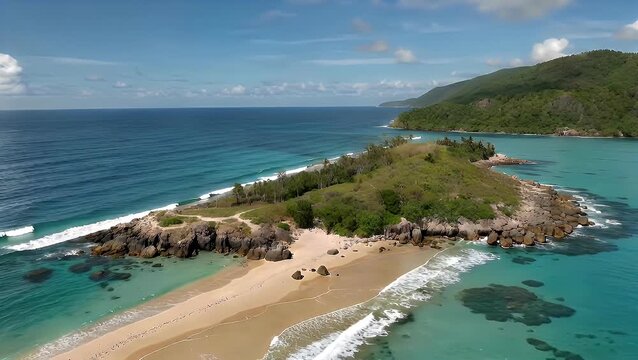 A comprehensive overhead perspective and wide-angled scenic view of a tropical coastal shoreline with pristine sandy beaches and vibrant blue waters surrounded by lush vegetation, captured from an el