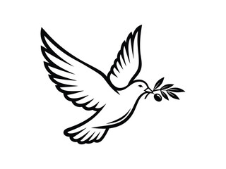 Obraz premium Dove carrying an olive branch, peace symbol, black and white