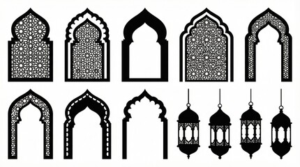 Elegant Islamic arches with intricate geometric patterns, glowing lanterns suspended, festive ambiance, cultural heritage, ornate symmetry, spiritual warmth, traditional artistry, decorative motifs, s