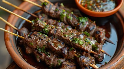 Grilled beef skewers marinated in savory sauce are served in a terracotta dish with dipping sauce.