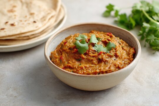 Baingan bharta (smoky roasted eggplant mash) in a minimal bowl with fresh coriander, side of plain roti