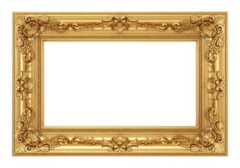 Ornate golden picture frame with detailed carvings on transparent background