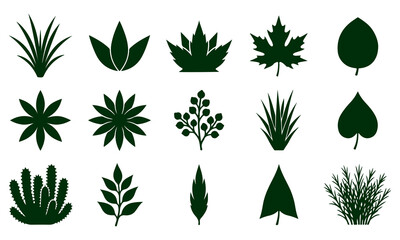 Collection of various dark green leaf and plant silhouettes on white
