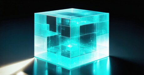 Obraz premium Glowing cube structure. Bright teal light emanates from within, reflecting on dark surface below. Minimalist, futuristic design.