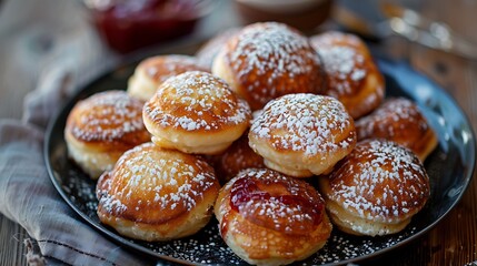 Plate of small, golden, fluffy pancakes dusted generously with white powdered sugar for breakfast.