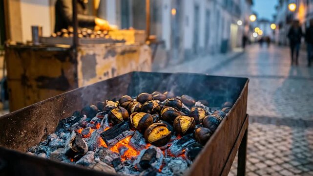 chestnuts roasting on an open charcoal fire at a traditional Portuguese street stal video