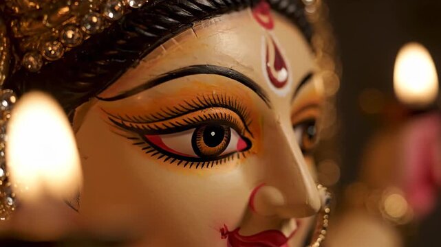 Close up of Maa Durga idol face during Durga Puja festival