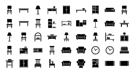 Comprehensive collection of diverse furniture and home interior vector icons, perfect for modern design projects, digital applications, and decorative element representation © YENI
