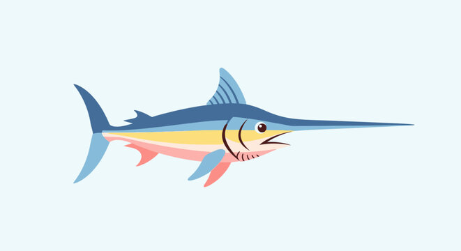 Illustration of a colorful swordfish with blue and pink hues swimming.
