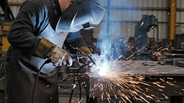 Welder in protective gear sparks intensely while fusing metal on a workbench