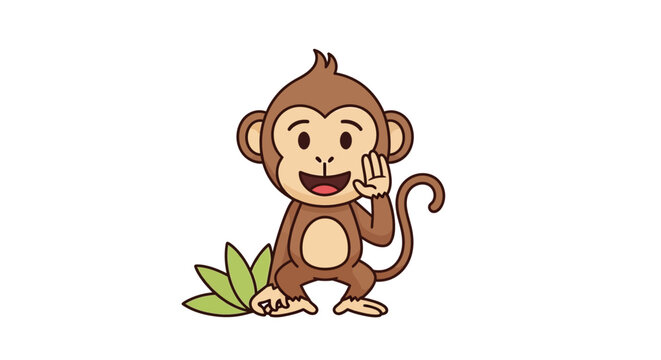 Cute cartoon monkey waving with green leaves background.