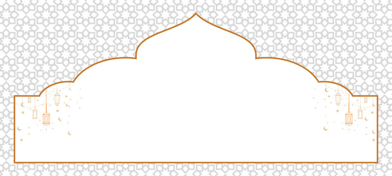 Islamic background with teal geometric pattern and golden lanterns. Arabic mosque silhouette frame for Ramadan, Eid Al-Fitr, and Islamic religious events