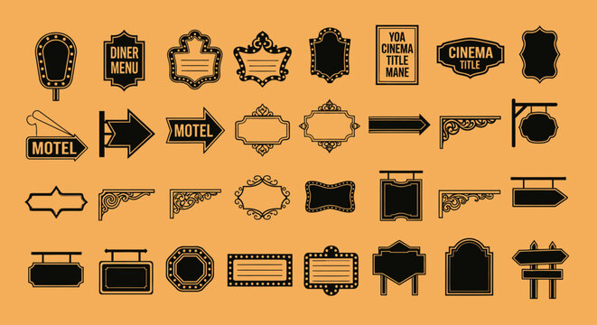 Collection of vintage and retro style black signage and label silhouettes for various uses.