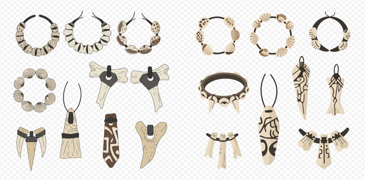 Collection of tribal bone and shell jewelry, including necklaces, bracelets, and pendants, isolated on a transparent background.