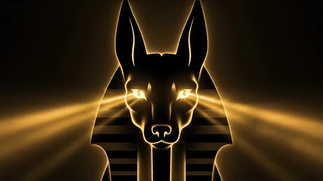 Stylized glowing silhouette of Anubis jackal head with pulsing golden eyes and light beams, mystical ancient Egyptian deity symbol on dark background video footage