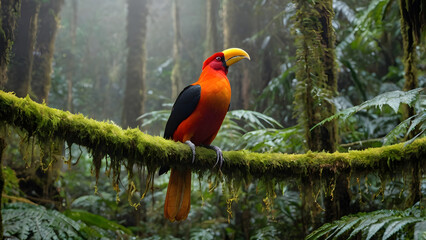Obraz premium a brilliant orange Andean Cock-of-the-Rock flutters and calls from a moss-covered branch.