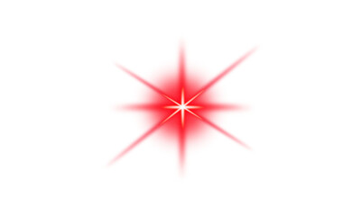 Red glowing light burst star explosion isolated on transparent background. Radiant flare with shining rays, spotlight beam and bokeh dust particles. Realistic energy glow effect vector illustration
