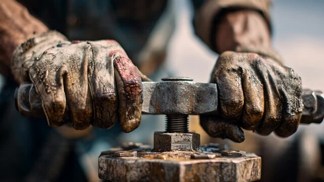 Workman shaping metal with wrench and vice