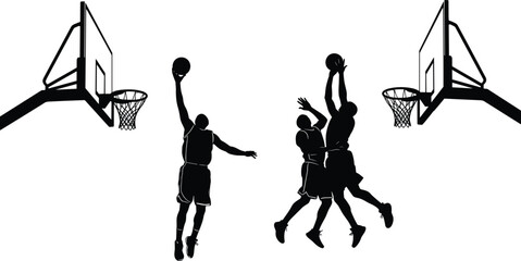 Silhouette of basketball players in action performing dunks and blocks during a game, professional sports competition concept isolated on white. © Arjina