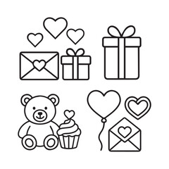 Set of illustrations for Valentine's Day cute bear cupcake heartshaped balloons