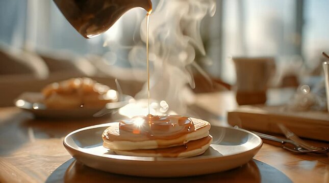 Syrup being poured onto a stack of pancakes on a plate.