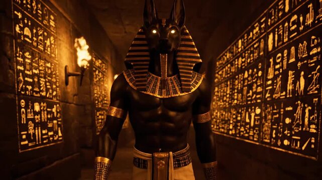 Anubis, ancient Egyptian god with jackal head, walking solemnly through torch-lit tomb corridor with glowing golden hieroglyphs in mysterious atmosphere, video footage