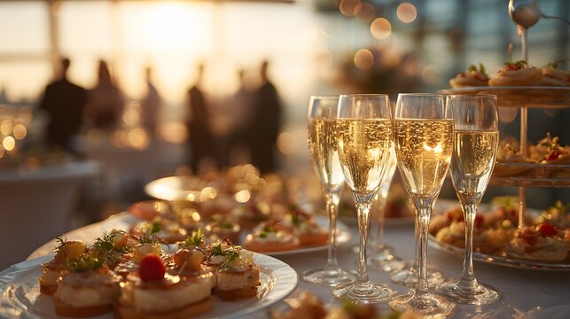 Sparkling champagne flutes on a luxury catering table during sunset event, festive outdoor reception with warm golden light and soft bokeh background