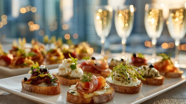 Gourmet canap&eacute;s on a white platter with champagne flutes in the background, luxury catering reception at sunset with golden bokeh and city skyline ambiance