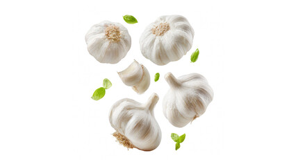 Several whole garlic bulbs and a few cloves with green herb leaves scattered around on a black background