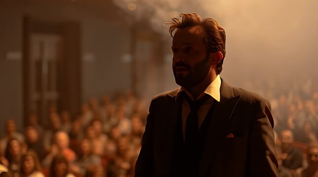 Man in suit standing confidently in a crowded room with a spotlight.