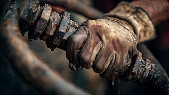 Dirty Hands Holding Rusty Pipe
