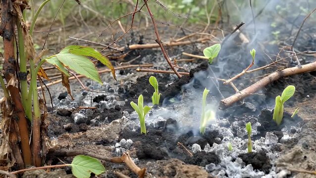 A landscape scarred by intense combustion exposing carbonized soil and powdery residue, with surviving plant life beginning to exhibit indications of regeneration and renewal following a severe and d