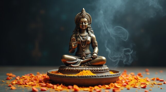 Bronze Hindu deity statue on stone altar with lotus petals and metal offering tray, turmeric and kumkum powders, incense haze, low key lighting.
