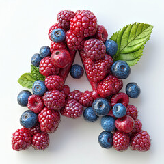 Letter A composed fresh raspberries and blueberries on light background. Creative fruit typography with healthy food concept and vibrant colors.