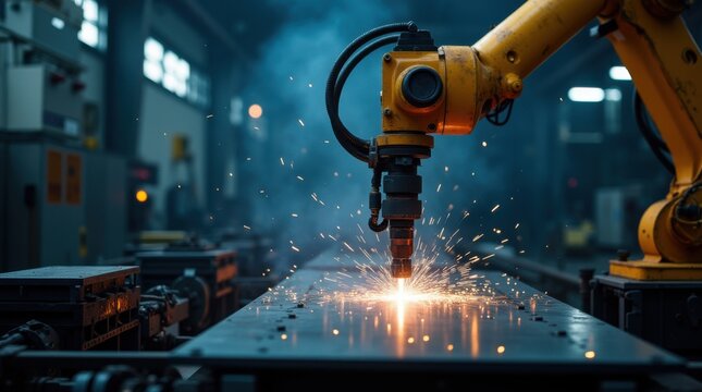 Industrial robot arm welding armored steel plate in automated factory cell, sparks shower, safety curtain, smoky atmosphere, low key lighting, wide composition.
