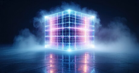 Naklejka premium Glowing cube sits upon dark floor. Neon lights illuminate smoke, creating futuristic scene. Reflections enhance visual impact.