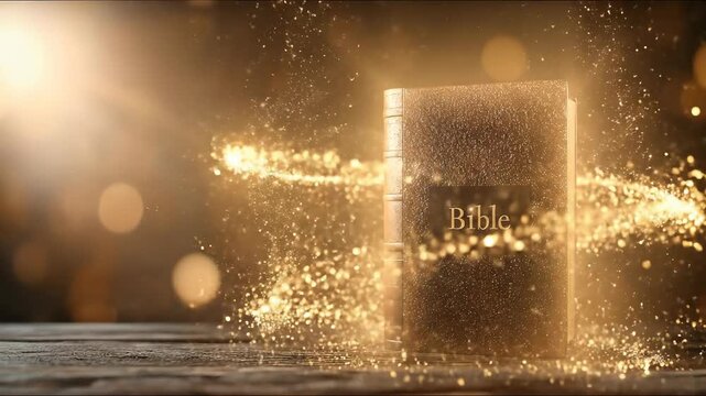 Sacred ancient scripture radiating brilliant golden particles on a solemn wooden surface. Divine knowledge illuminating, inspiring faith and profound spiritual wisdom.
