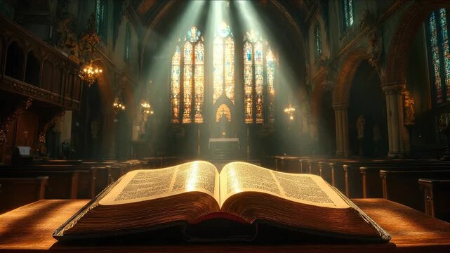 Holy text opened on an altar inside an ancient church, brilliant sunbeams piercing stained glass, fostering deep reverence, spiritual enlightenment, and eternal faith.
