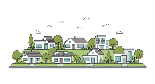 Modern suburban neighborhood with houses and trees, flat design illustration