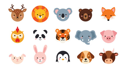 Fototapeta premium An adorable collection of cartoon animal faces, featuring a diverse range including deer, lion, koala, bear, fox, and rabbit.