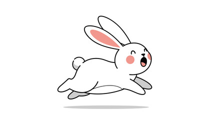 An adorable cartoon white rabbit with charming pink ears and rosy blush, joyfully jumping or running with enthusiasm. © Kana