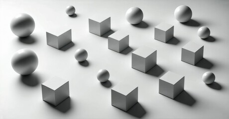 Gray spheres, cubes arranged on surface. Minimalist composition, soft lighting creates shadows, geometric forms present. Simple design.