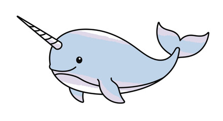 Cute cartoon illustration of a smiling narwhal with a prominent tusk. © nazron