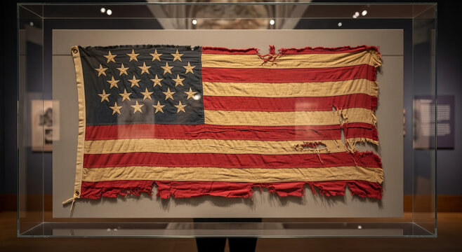 Antique American flag displayed in museum case, tattered and worn