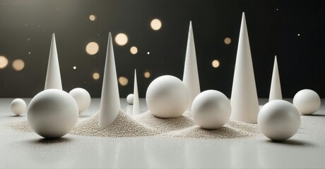 Naklejka premium Minimalist composition. White shapes rest upon granular surface. Dark background features blurred lights. Abstract, serene presentation.