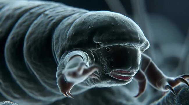 Tardigrade water bear microscopic organism slow moving in extreme environment 4k horizontal cinematic Video