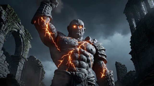 Electric Bodybuilder in Post Apocalyptic Ruins with Glowing Orange Lightning