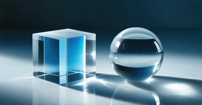 Glass cube, sphere reflect light. Blue tint creates depth, shadows define shapes. Minimalist composition, clean studio setting.