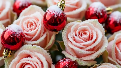 Frosted Pink Roses with Red Ornaments Christmas Decoration Arrangement