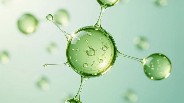 Bacopa - A close-up of a green molecular structure representation with interconnected spheres and liquid droplets on a soft green background.